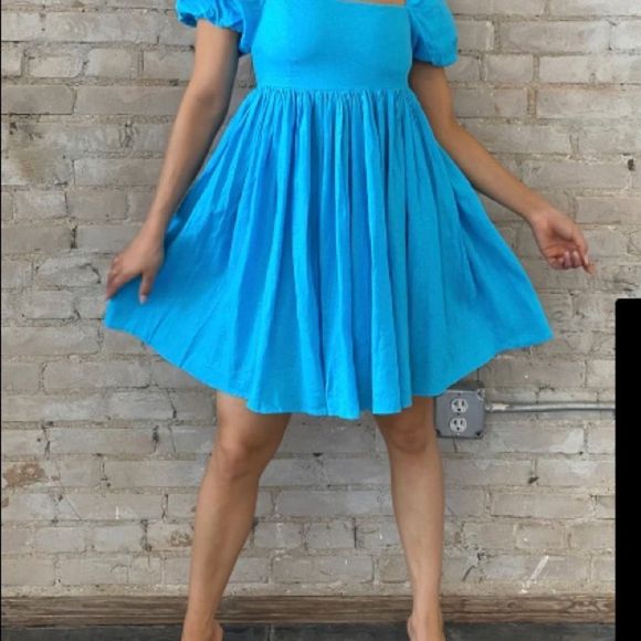 🆕 AQUA BLUE PUFF SLEEVE BABYDOLL MINI DRESS - Picture 6 of 6